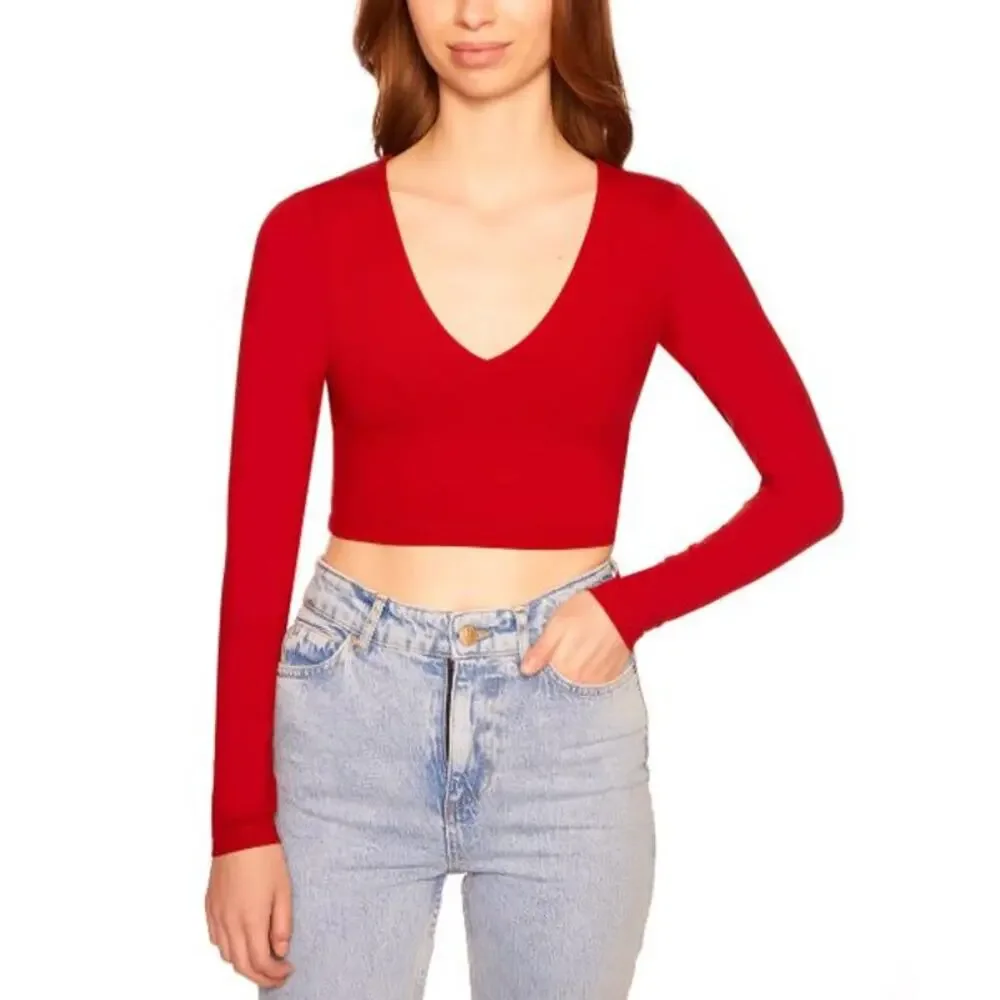 Susana Monaco Very V Long Sleeve Crop Top Cherry Blossom Red NWT Size Medium